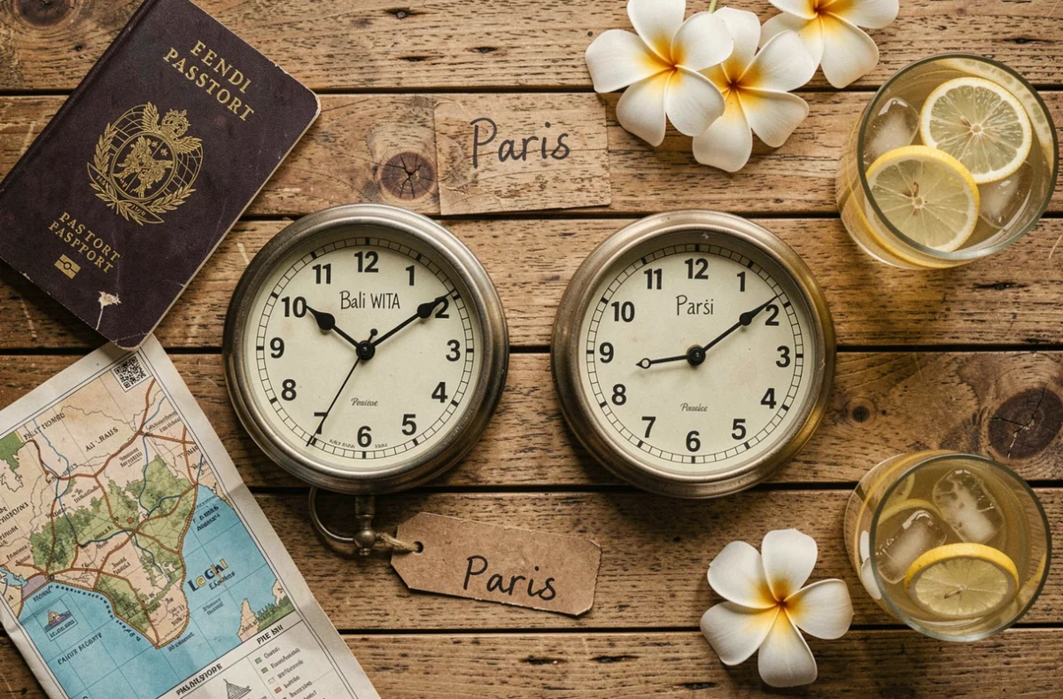 Flat lay de deux horloges analogiques indiquant l'heure de Bali et de Paris sur une surface en bois teck avec des objets de voyage