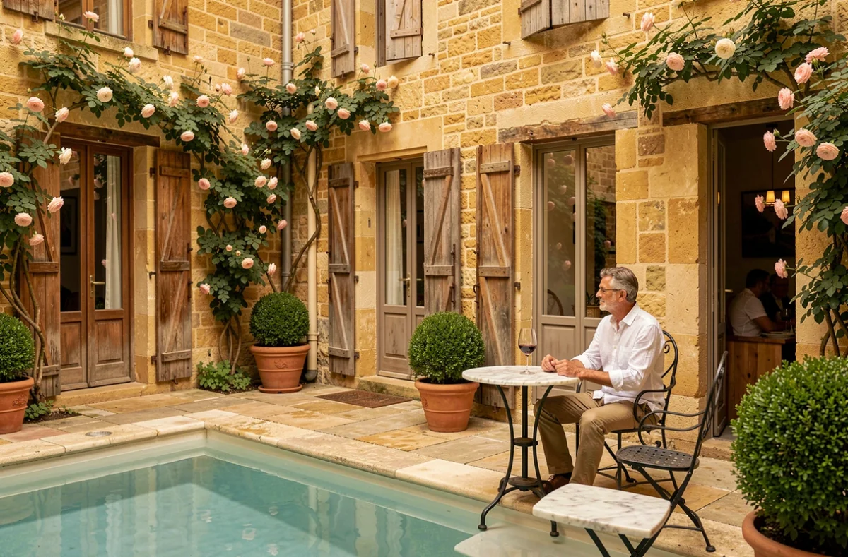 Piscine de cour intérieure de l'Hôtel Le Cep à Beaune entourée de pierres dorées de Bourgogne