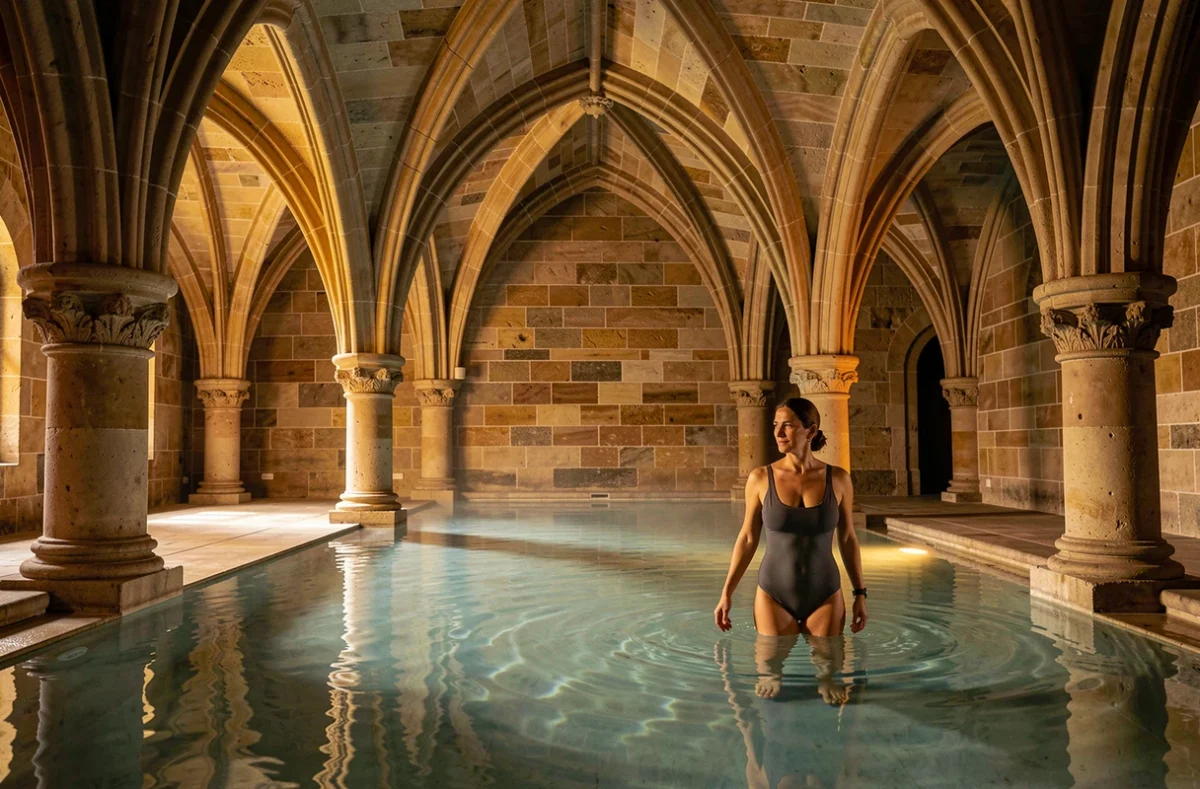 Piscine intérieure chauffée de l'Hôtel Spa de l'Abbaye sous des voûtes en pierre historiques
