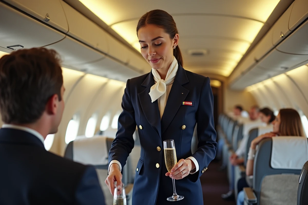 Hôtesse de l'air en uniforme Air France servant du champagne dans la cabine du Concorde