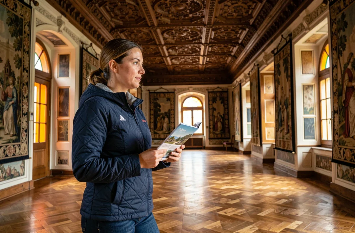 Visiteuse admirant le plafond sculpté d'une salle intérieure du château de Peleș avec guide touristique