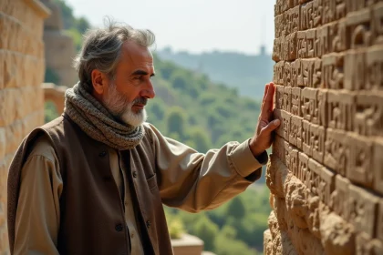 Homme iranien contemplant les inscriptions de Ganjnameh