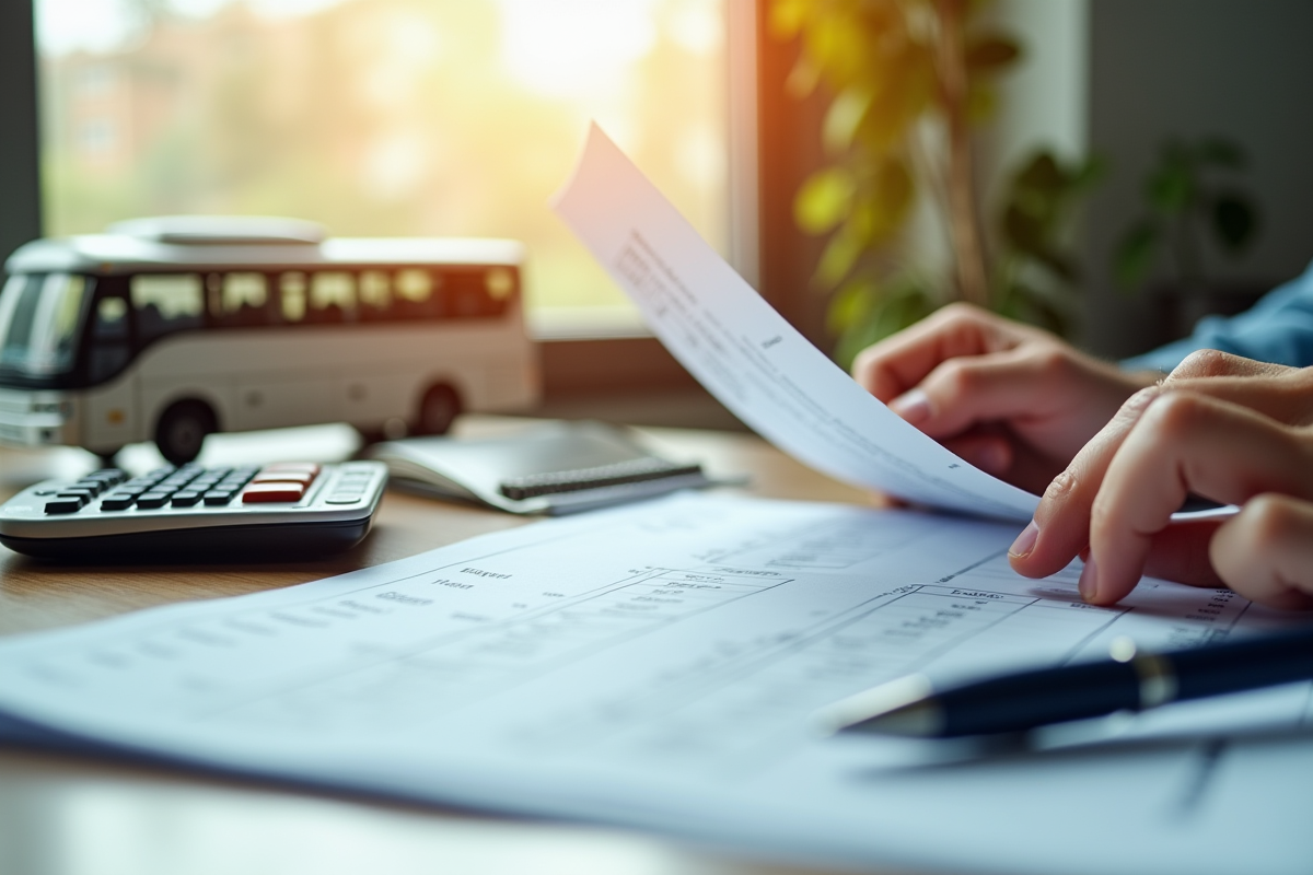 Plan de voyage avec calculatrice et bus miniature sur bureau