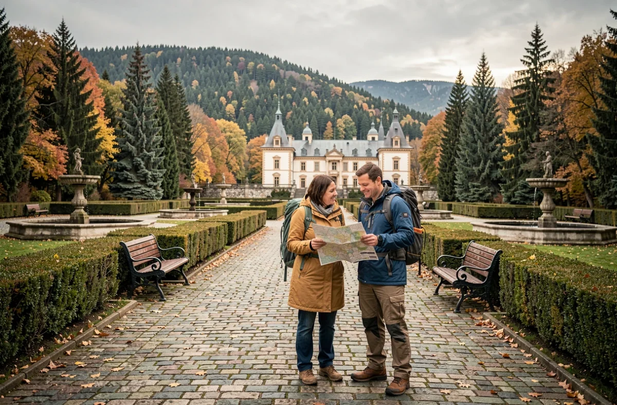 Couple consultant une carte dans les jardins formels du château de Peleș avec les tours en arrière-plan