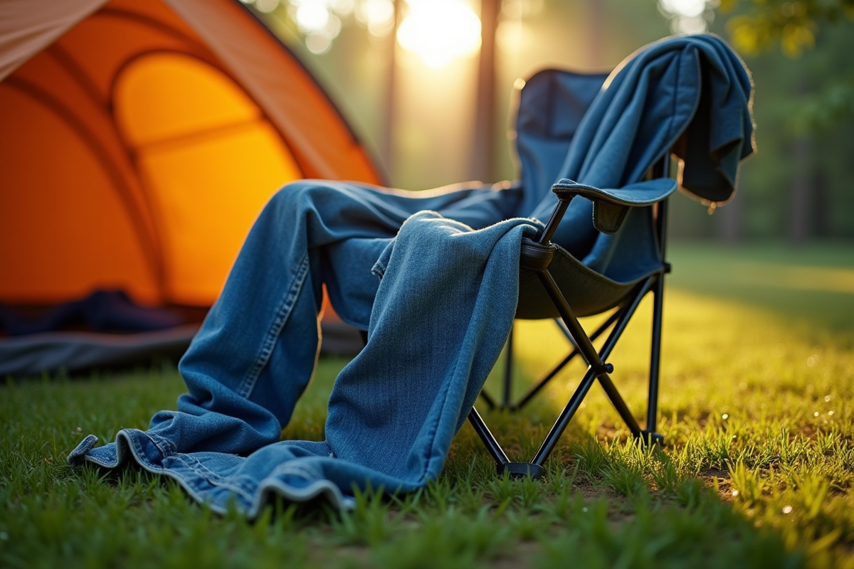 Détails des jeans en denim sur une chaise de camping au matin