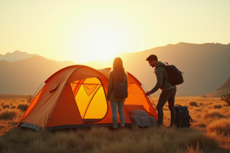 Jeune femme et homme installant une tente moderne en pleine nature