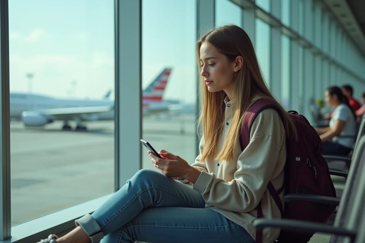 Jeune femme assise regardant son téléphone à l