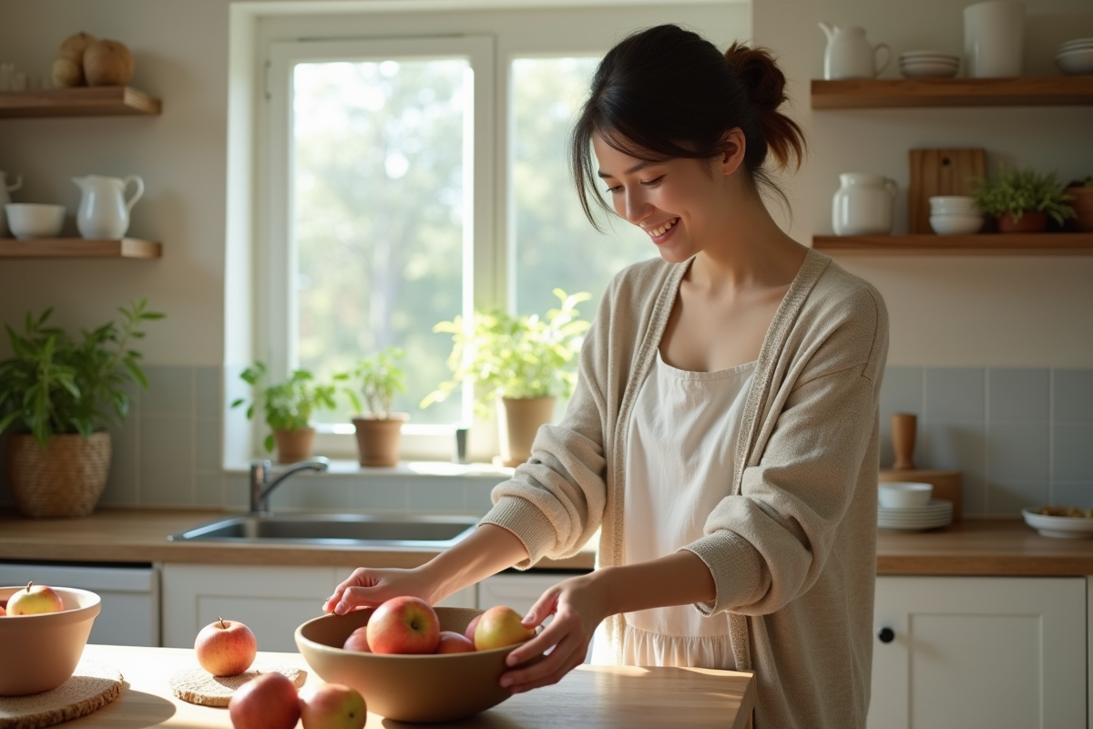 Jeune femme arrangeant des fruits dans une cuisine rurale