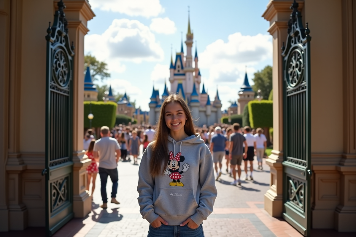 Jeune femme souriante devant l'entrée d'un parc Disney