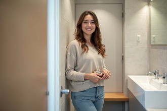 Jeune femme souriante dans une salle de bain d'auberge de jeunesse