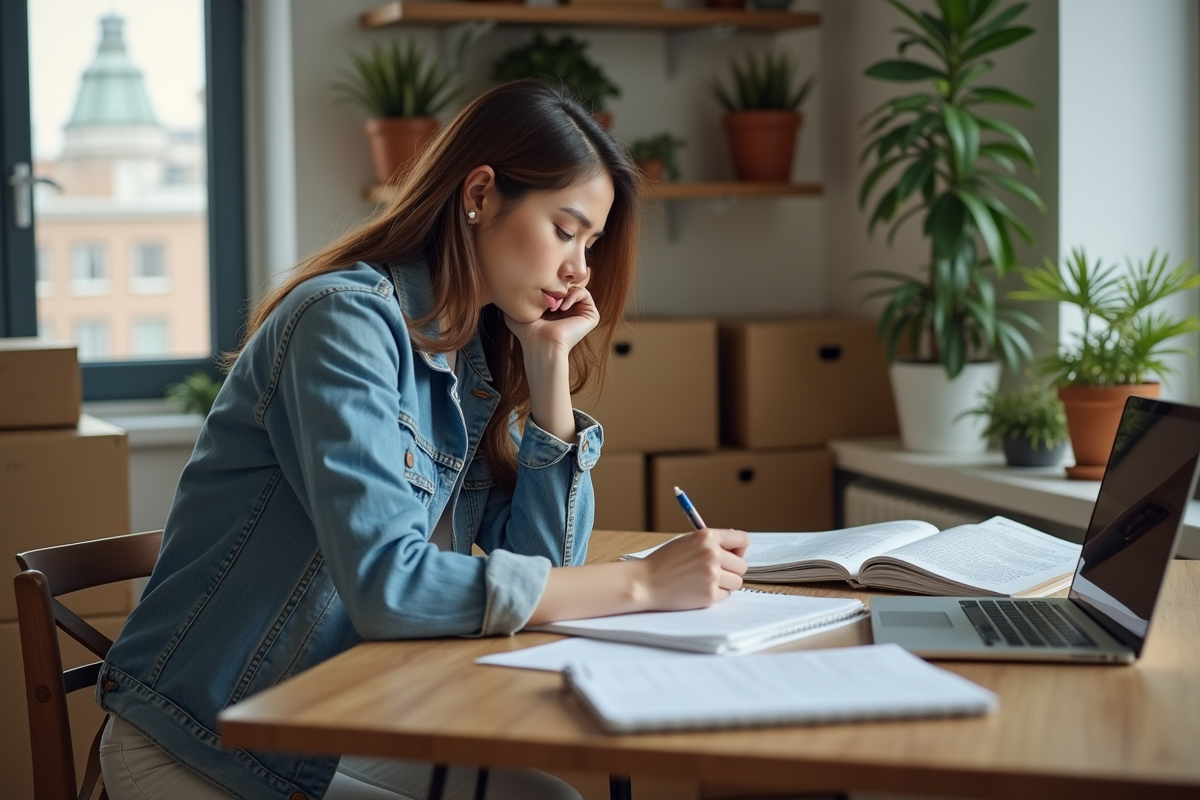 Jeune femme en denim prenant des notes dans un appartement moderne