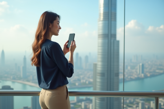 Jeune femme souriante sur un observatoire avec la tour en arrière-plan