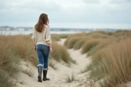 Jeune femme marche dans les dunes de Pennedepie avec mer en arrière-plan