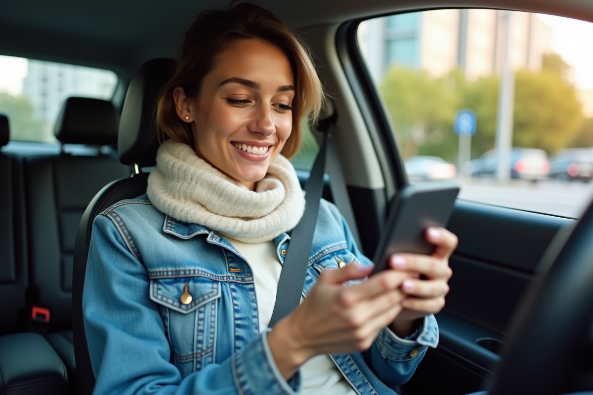 Jeune femme souriante dans une voiture urbaine avec smartphone