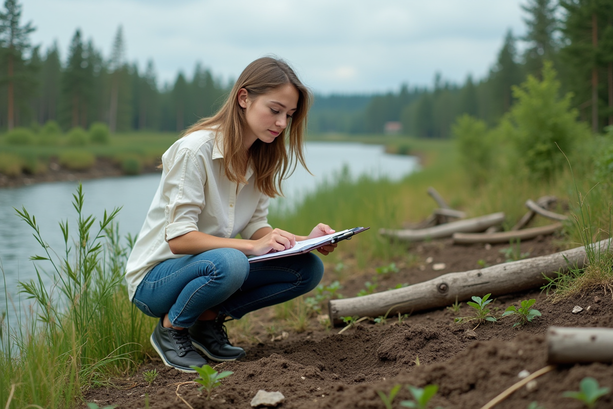 Femme réalisant une étude de sol dans un paysage en régénération