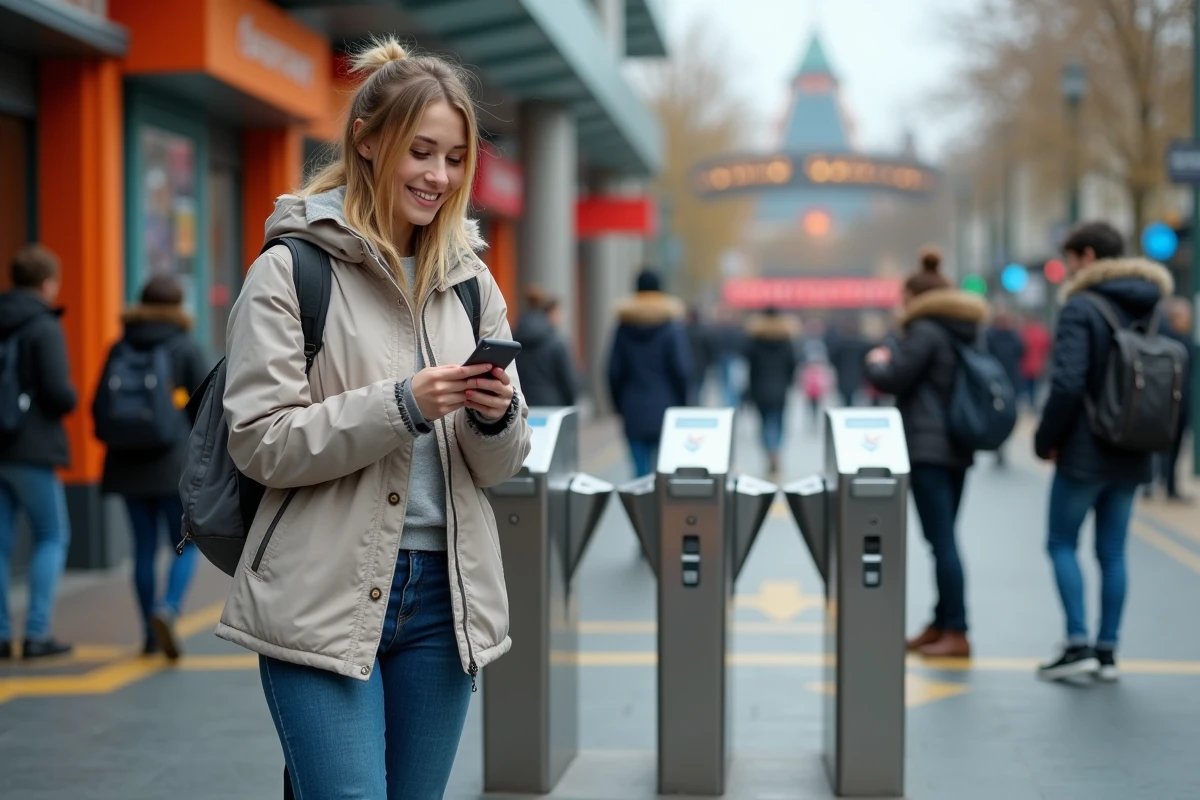 Jeune femme avec ticket digital devant l entrée du parc