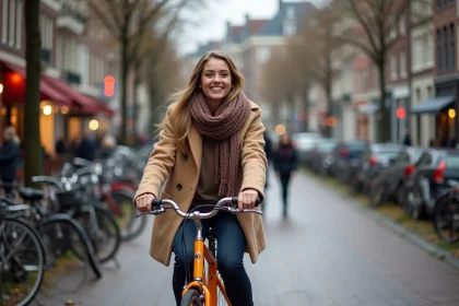 Jeune femme souriante à vélo dans Amsterdam
