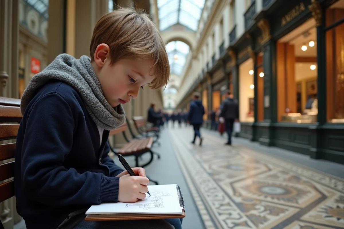 Garçon dessinant le sol mosaïque dans Galerie Vivienne