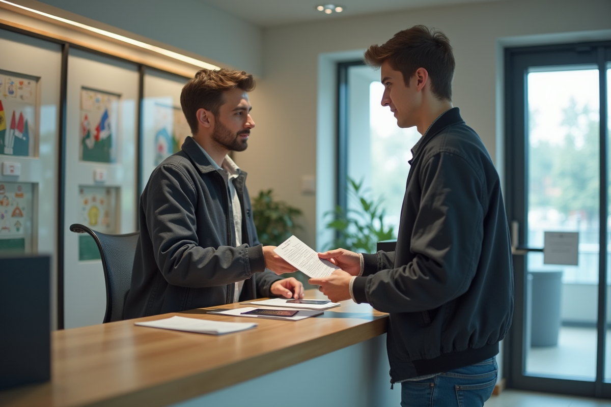 Jeune homme remettant ses documents au consulat