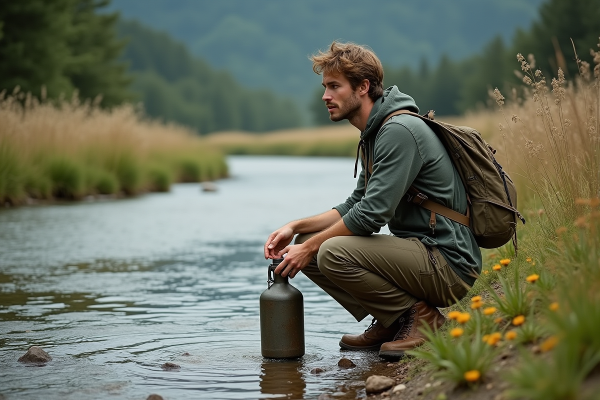 Jeune homme remplissant une gourde au bord d
