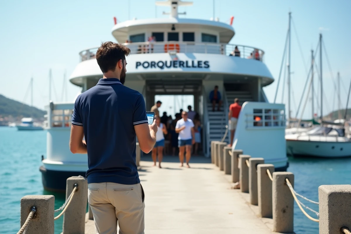 Jeune homme embarquant sur un ferry à quai en bord de mer