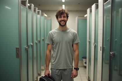 Jeune homme souriant dans une salle de bain d'auberge moderne