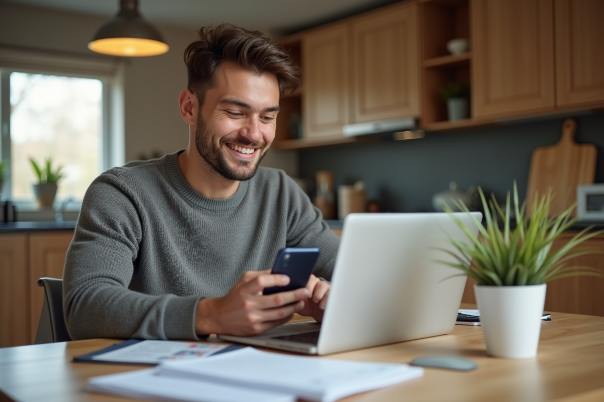 Jeune homme utilisant son smartphone dans la cuisine