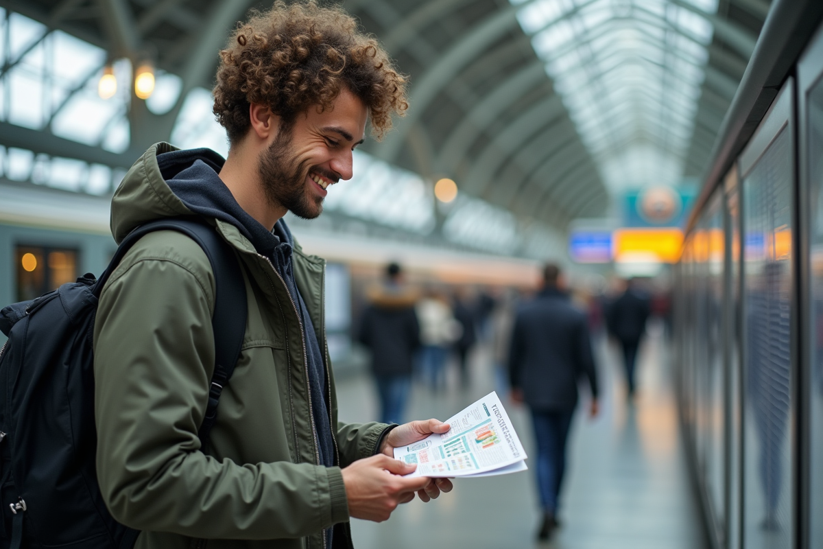 Jeune homme regardant un guide à la gare