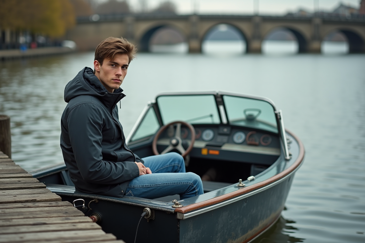 Jeune homme au volant d’un bateau sur la rivière