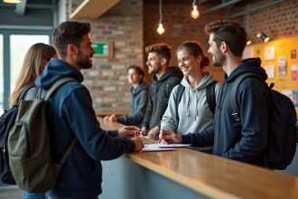 Groupe de jeunes à l'accueil d'une auberge de jeunesse