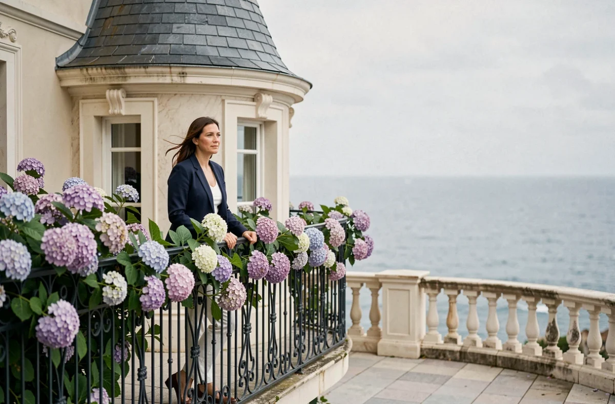 La Belle Demeure, villa Belle Époque à Biarritz avec balcon en fer forgé, hortensias grimpants et terrasse avec vue sur l'océan Atlantique