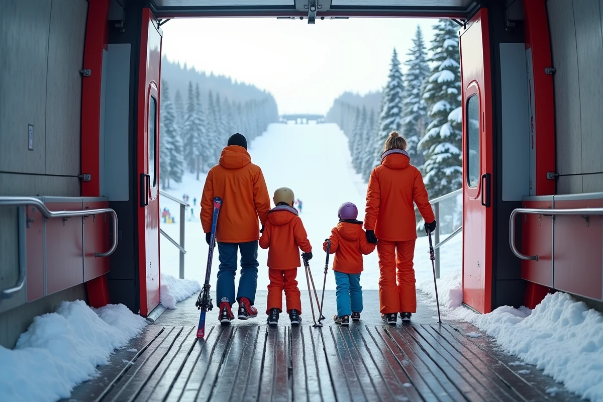 Famille de skieurs descendant du funiculaire à La Plagne avec les pistes familiales enneigées visibles dès l'arrivée