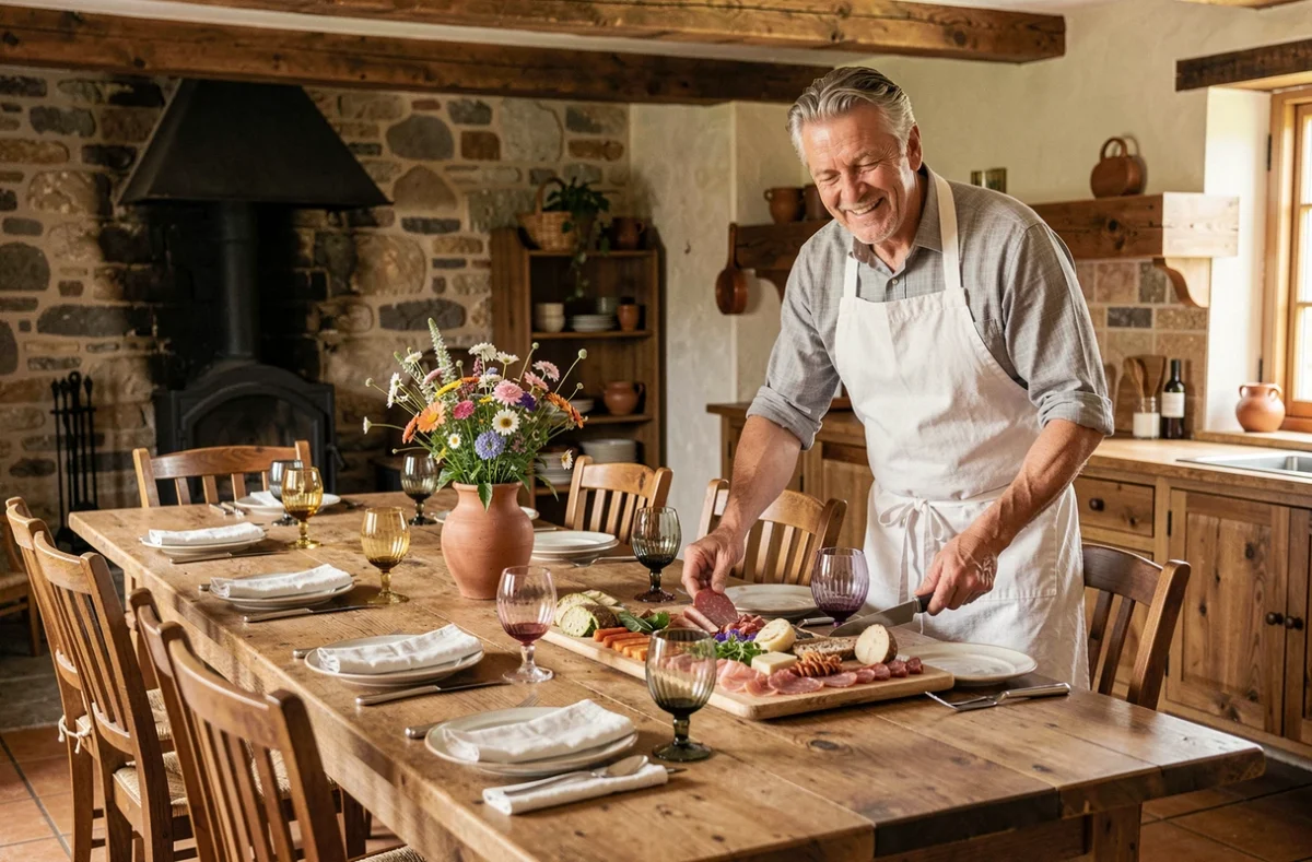 L'Amphitryon, table d'hôtes landaise avec charcuteries régionales et foie gras de canard, chef en tablier blanc dans une salle avec poutres apparentes