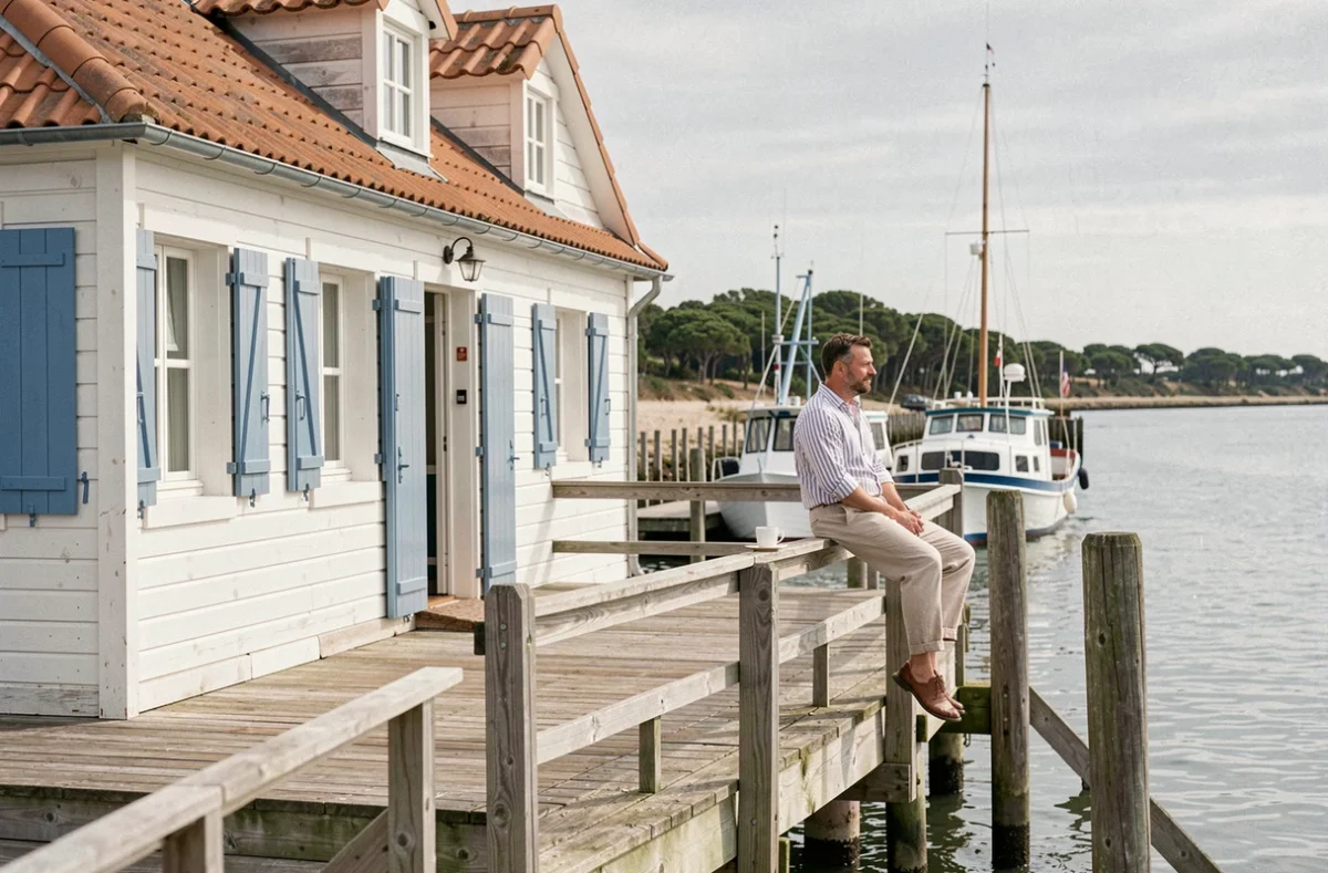 Le Bassin du Tertre, maison d'hôtes au bord du Bassin d'Arcachon avec terrasse en bois sur l'eau et bateaux de pêche amarrés