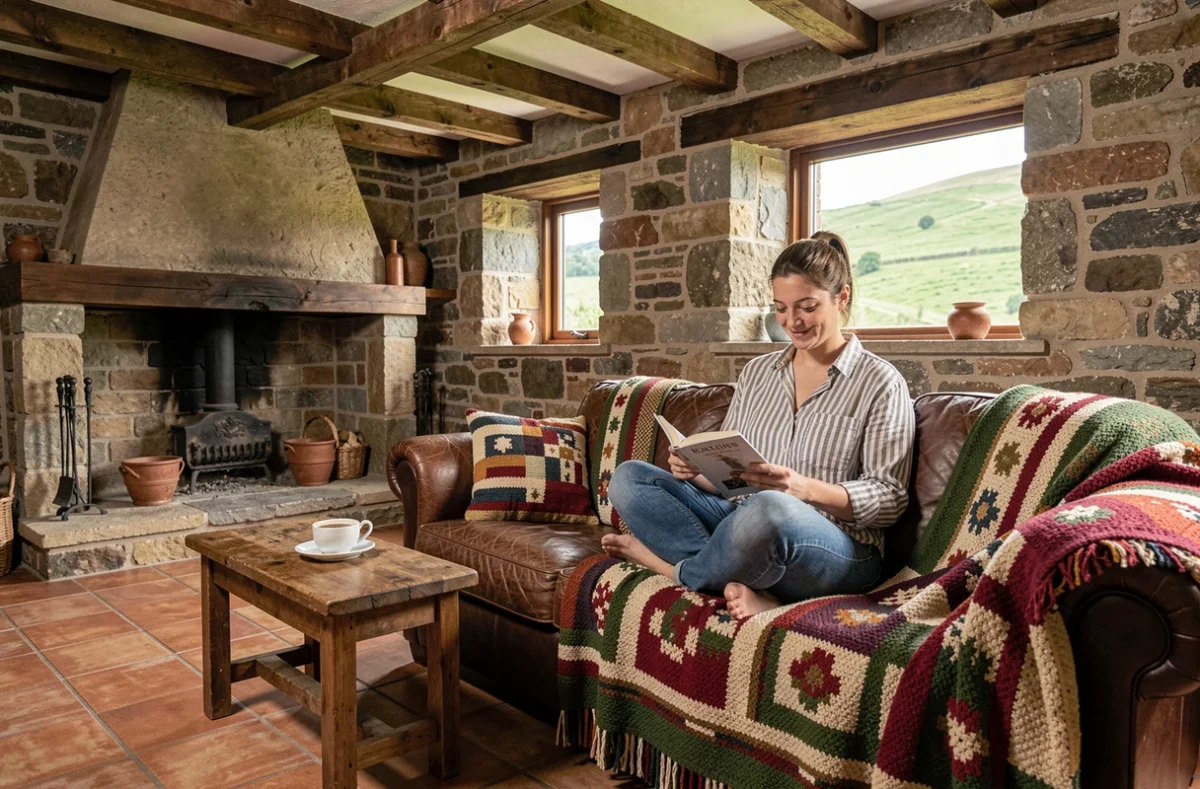 Le Poutic, grange convertie en chambre d'hôtes au Pays Basque intérieur avec murs en pierre, couvertures tissées basques et femme lisant sur un canapé en cuir