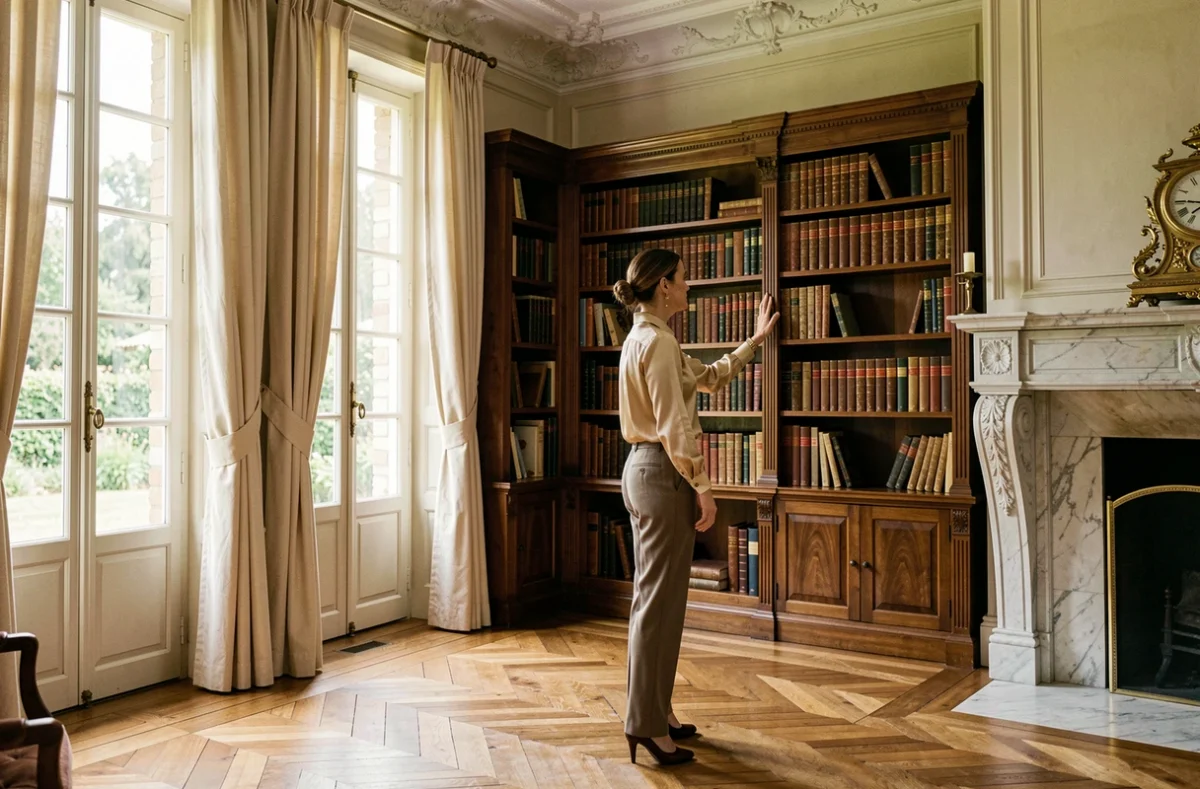 L'Esprit du 24, salon d'une maison de maître du XIXe siècle en Dordogne avec parquet ancien, cheminée en marbre et bibliothèque de livres reliés