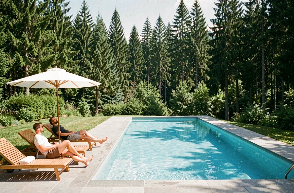 Piscine extérieure du Logis Hôtel Bois Dormant entourée de forêts près de Champagnole