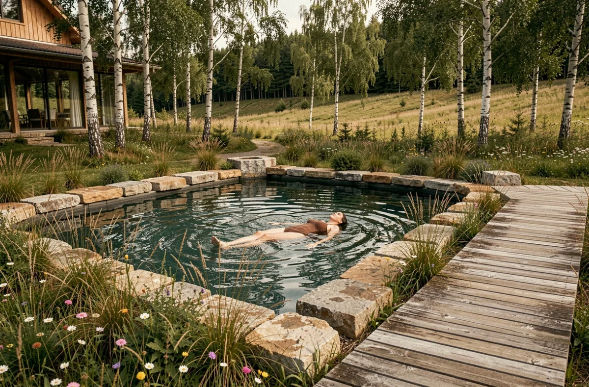 Piscine naturelle du Logis Hôtel Lou Granva entourée de prairies sauvages en Franche-Comté