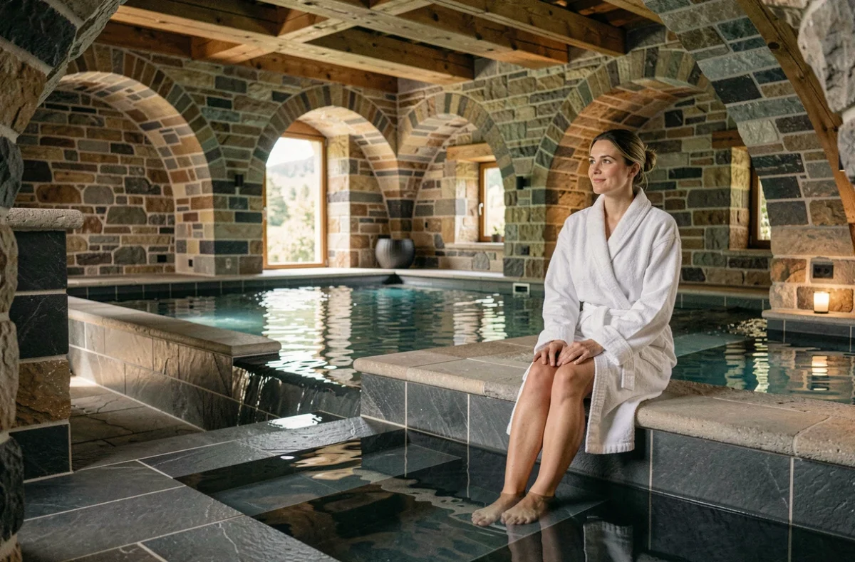 Piscine intérieure spa du Logis Hôtel Taillard dans le Doubs avec atmosphère cosy