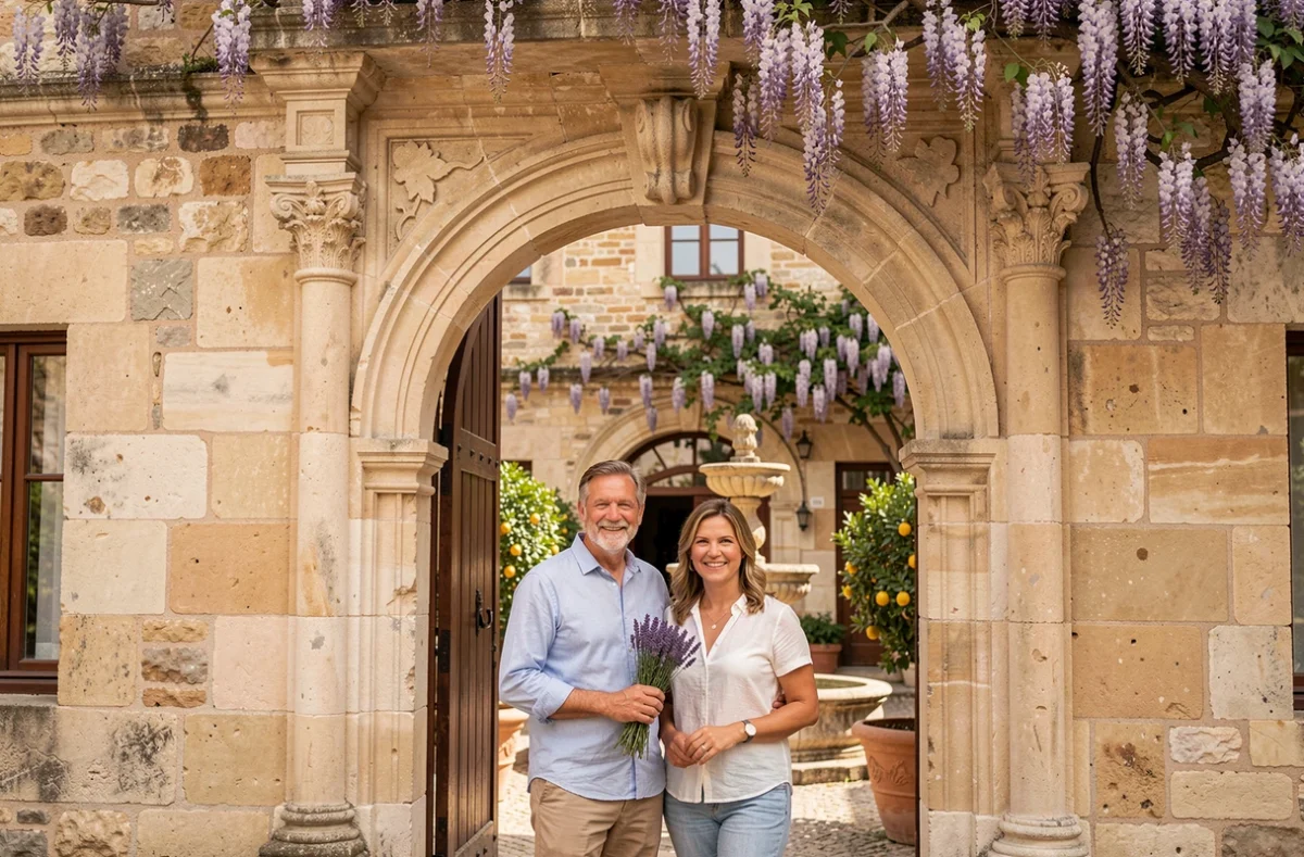 La Maison du Notaire Royal, demeure du XVIIe siècle en Lot-et-Garonne avec portail en pierre sculpté, wisteria en fleur et cour intérieure fontaine
