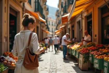 Femme explorant le marché Ballarò à Palerme entre étals de fruits colorés et ruelles pavées authentiques