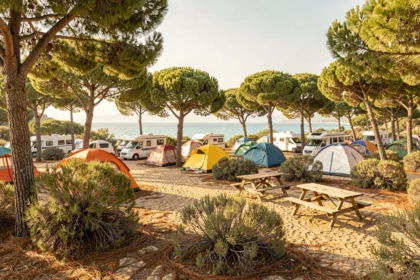 Vue panoramique d'un camping méditerranéen près de Marseille avec tentes colorées, pins et mer turquoise en arrière-plan