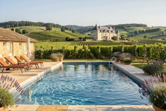 Piscine extérieure luxueuse avec vue sur les vignobles de Bourgogne-Franche-Comté