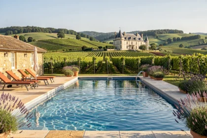 Piscine extérieure luxueuse avec vue sur les vignobles de Bourgogne-Franche-Comté