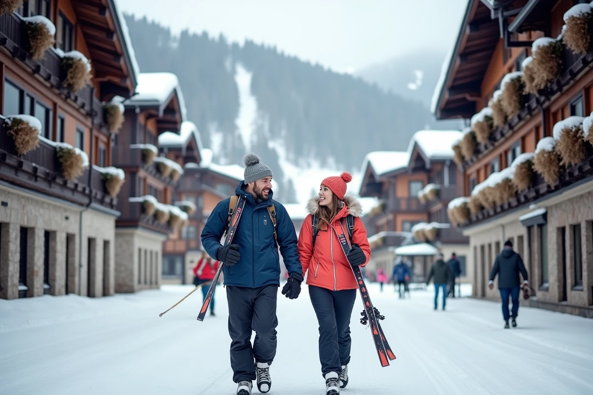 Couple de skieurs traversant le village enneigé de Méribel avec ses chalets savoyards et les sommets des 3 Vallées en toile de fond