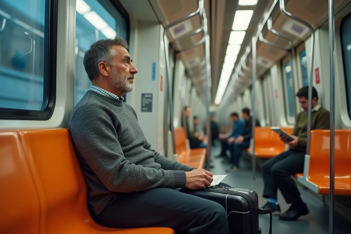 Passager avec bagages dans le métro ligne 8 reliant l'aéroport de Madrid au centre-ville la nuit