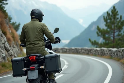 Motard en veste textile aventure posé près de sa moto chargée sur une route sinueuse des Alpes françaises pour un road trip 2026
