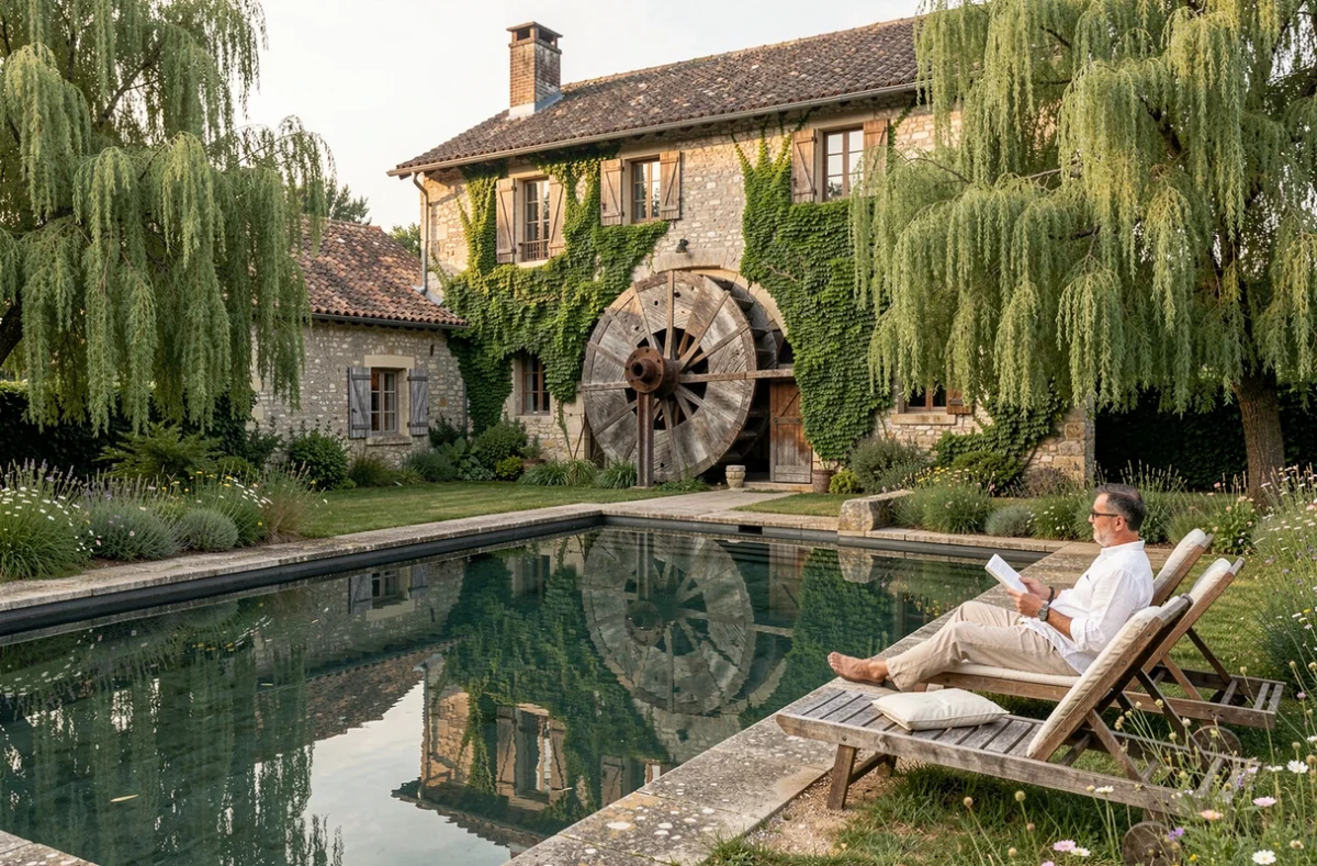 Piscine paisible du Moulin Renaudiots, hôtel de charme à Autun entouré de verdure
