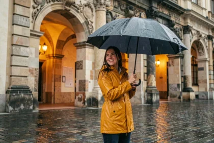 Femme en imperméable jaune entrant dans un musée baroque de Prague sous la pluie