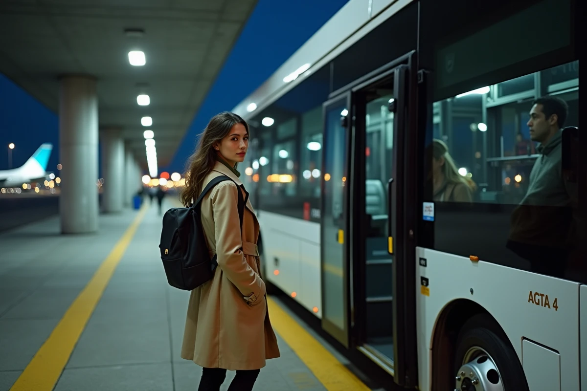Femme montant dans une navette aéroport depuis le Terminal 4 de Madrid Barajas de nuit
